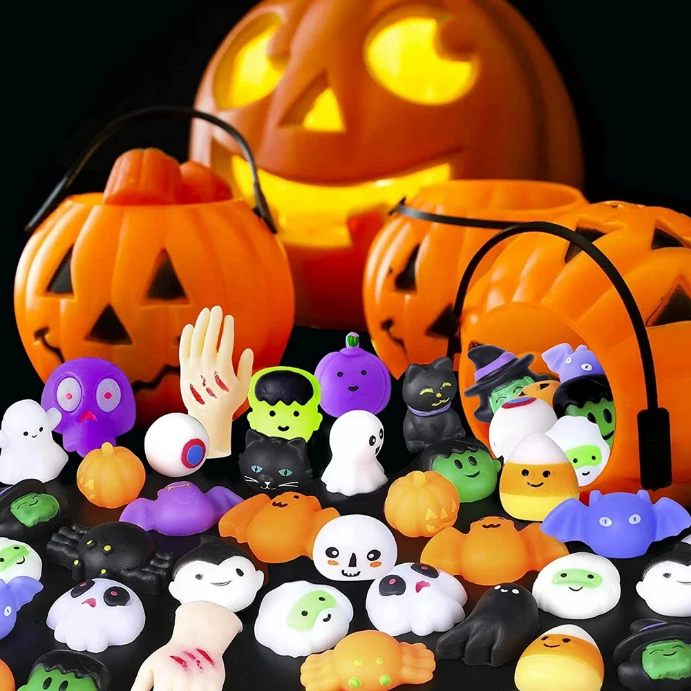 10-30Pcs Halloween Mochi Squishies Soft Toys Kawaii Pumpkin Bats Witch Ghost Skull Squeeze Stress Relief Kids Guest Party Gifts