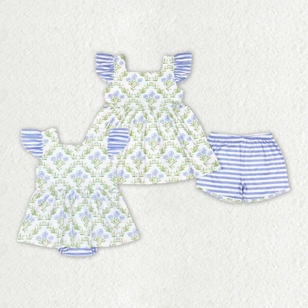 

Wholesale Girls Clothes Blue Flutter Sleeves Floral Print Tunic Stripe Short Set