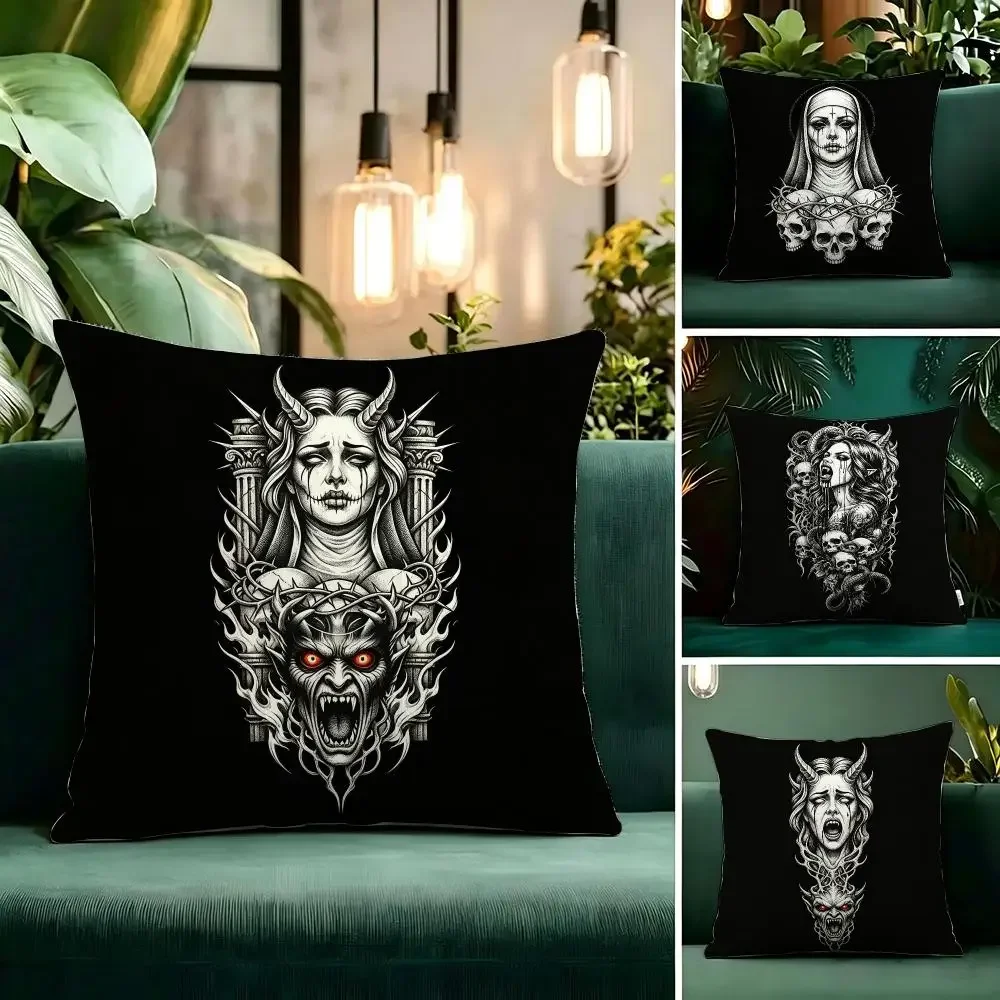 Surrounding area Halloween Demon Nun Cushion Cover Linen Pillow Cover Invisible Zipper para Sofa Silla de Oficina