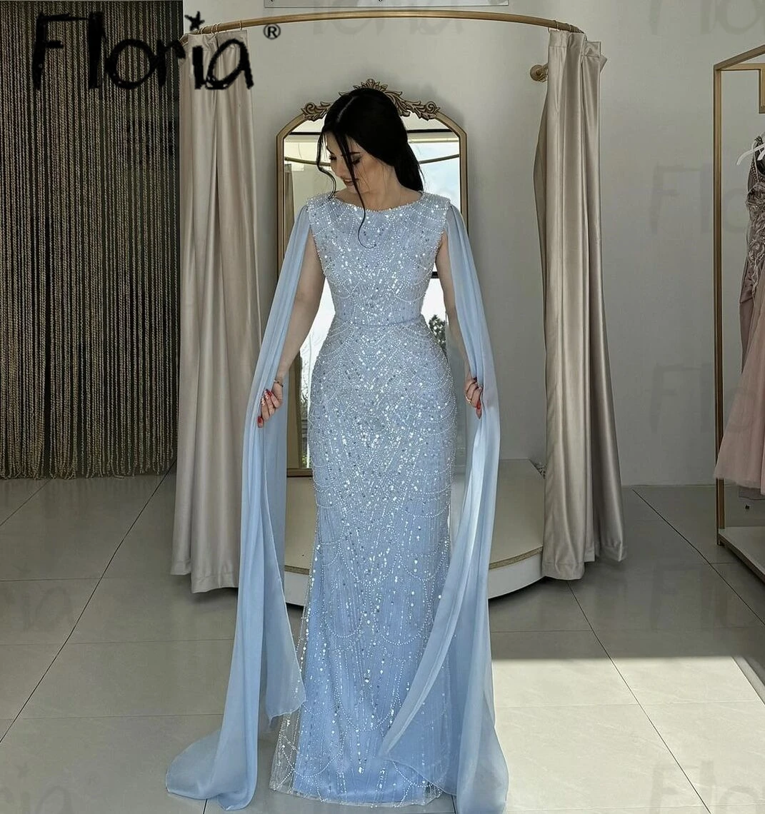 Elegant Long Cape Sleeve Sky Blue Evening Dress O Neck Beaded Sheath Dress For Wedding Party Fashion Host Dress Dubai Custom