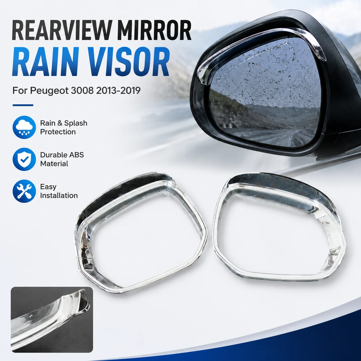 ABS Electroplated Rain Visor for Peugeot 3008 2013-2019 Rearview Mirror