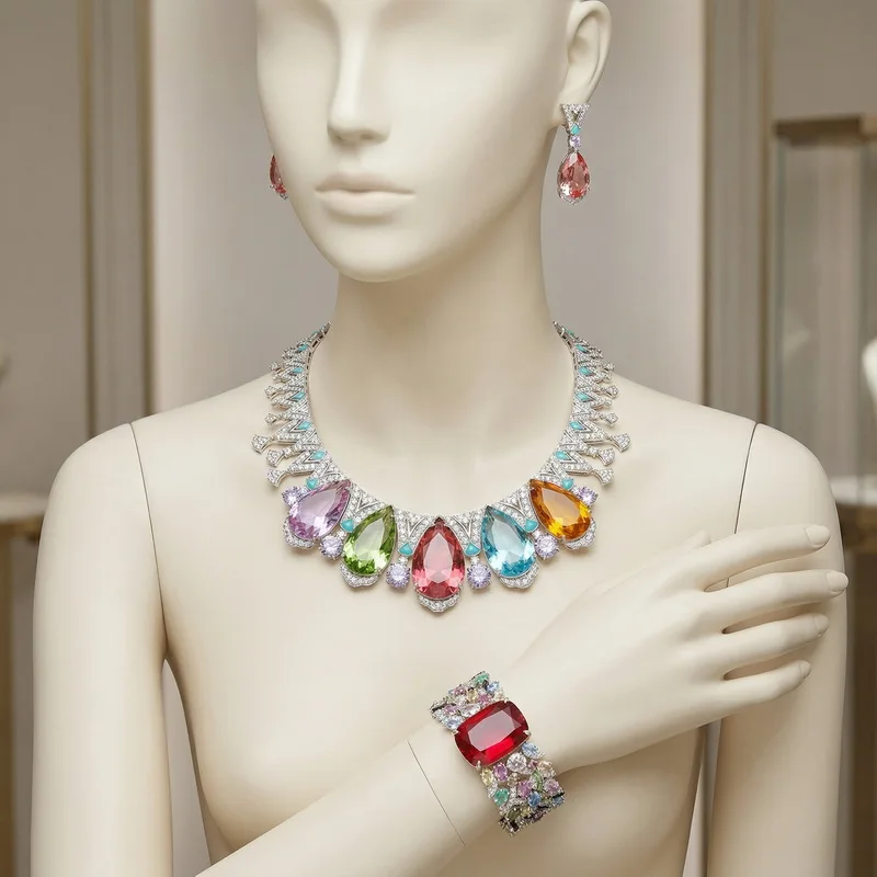 Europe America Style Earrings Bracelet Necklace Inlay Colored Drop Shape Cubic Zircon Synthetic Ruby Enamel Party Jewelry Sets