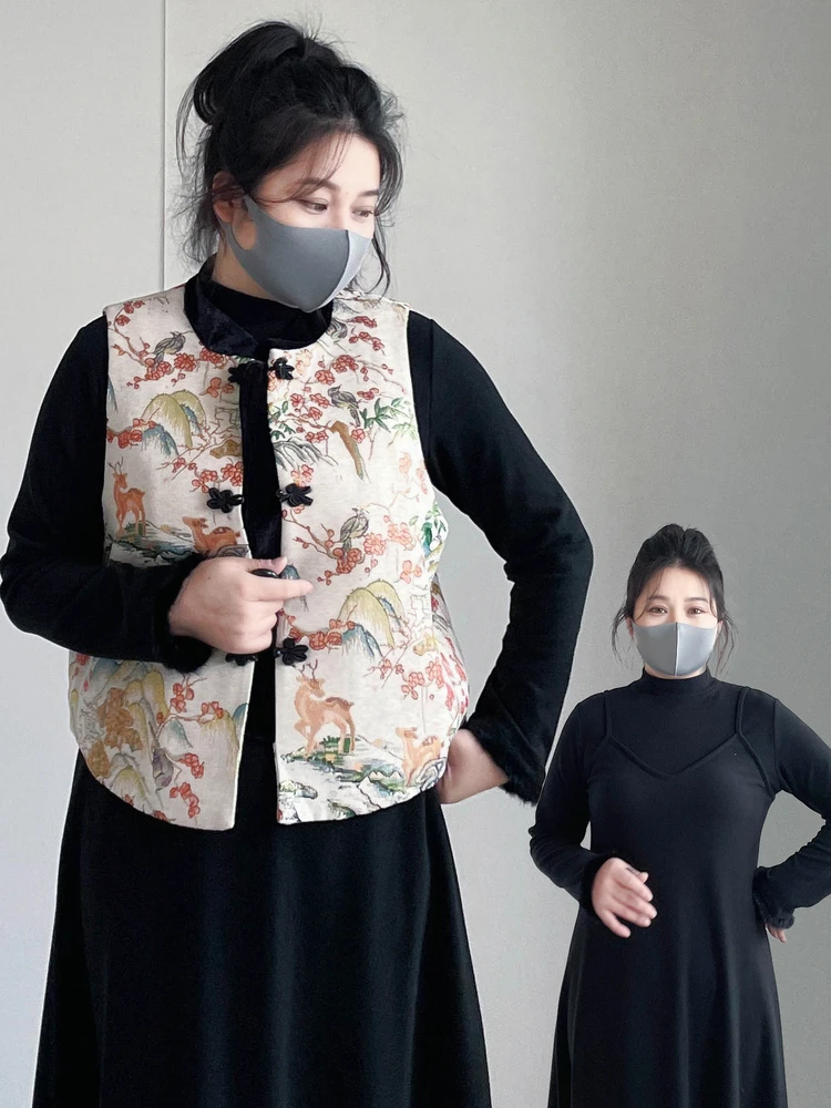 

Комплект для важных мероприятий больших размеров: утепленный флисовый жилет и юбка в новом китайском стиле, длинный хлопковый комплект для зимы