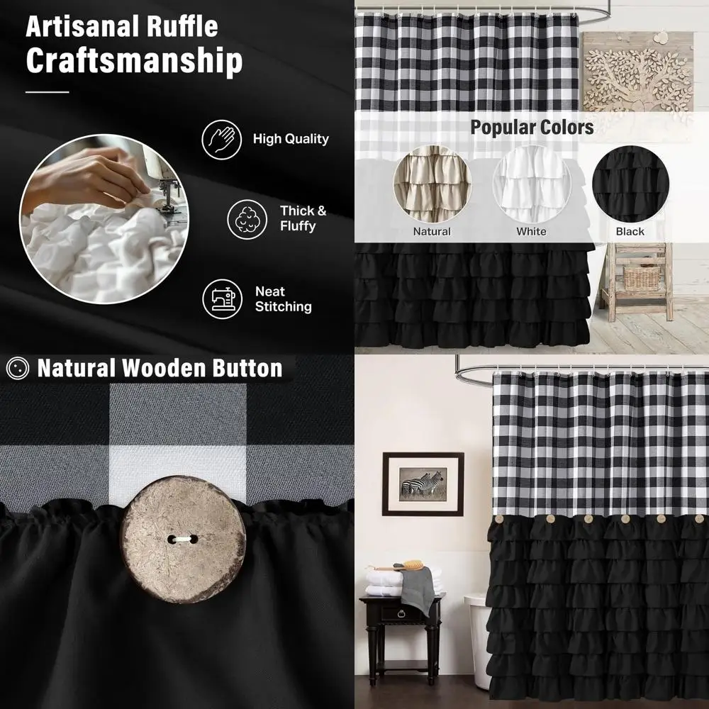 ستارة دش المزرعة السوداء مقاس 72 × 72 بوصة مع 12 خطافًا، ونمط منقوش باللونين الأبيض والأسود وأزرار وكشكشة