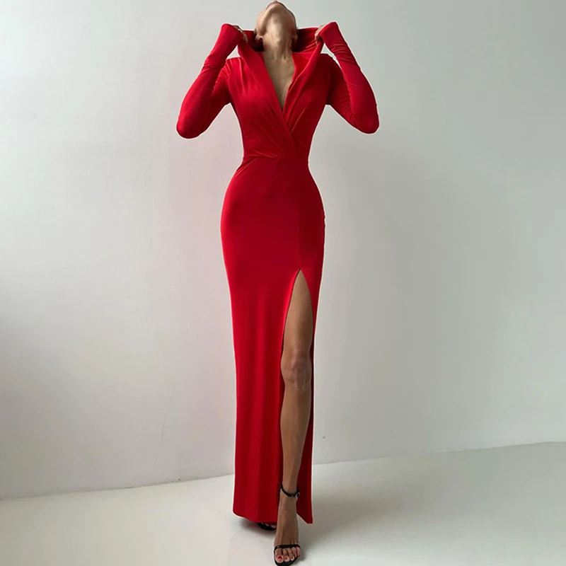 Sexy Deep V Neck Hooded Pullovers Dress Women Spring Solid Split Long Party Dress Autumn Long Sleeve Slim Hollow Evening Dresses