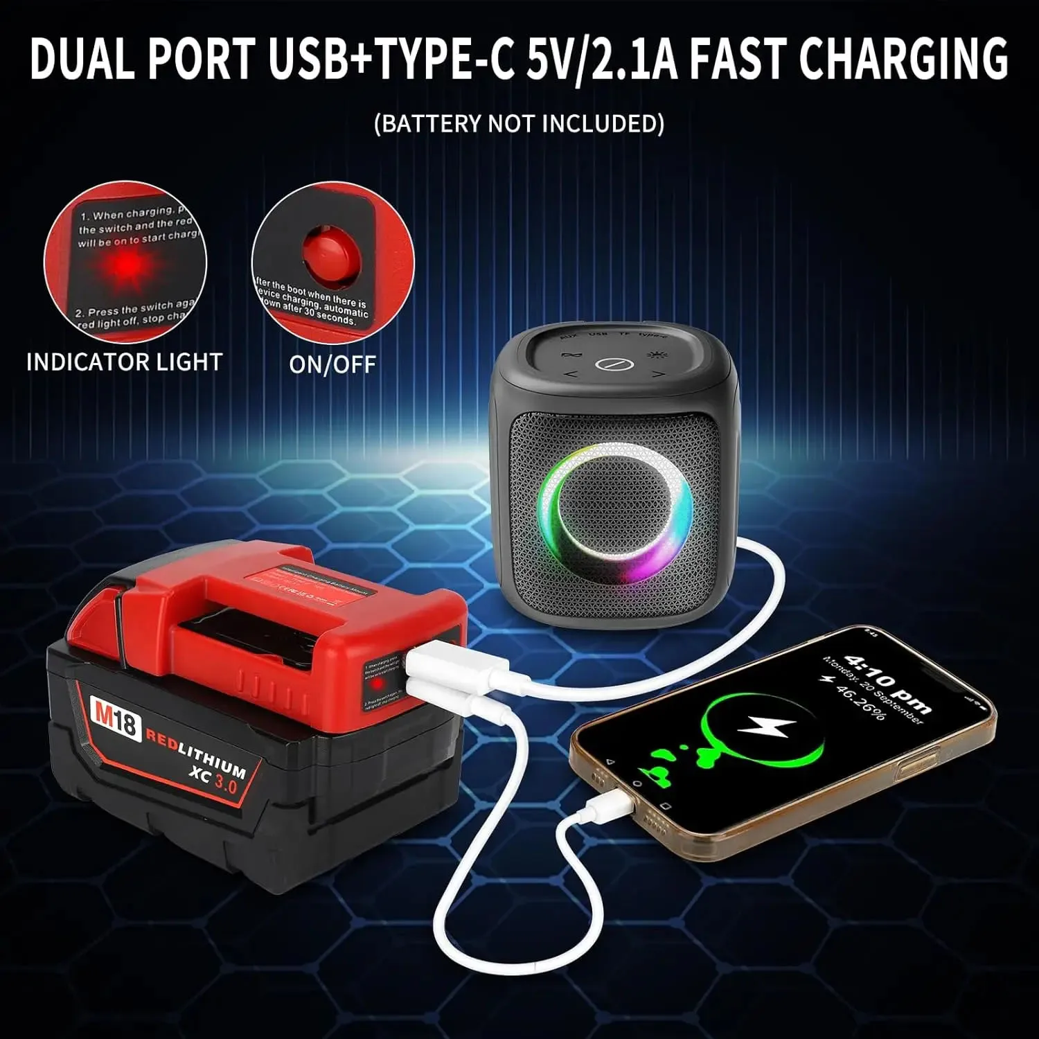 NEUES Powerbank-Ladegerät für Milwaukee 18 V Lithium-Akku mit USB mit Typ-C zum Aufladen von Laptop-Handys (keine Batterie) – Detail 9