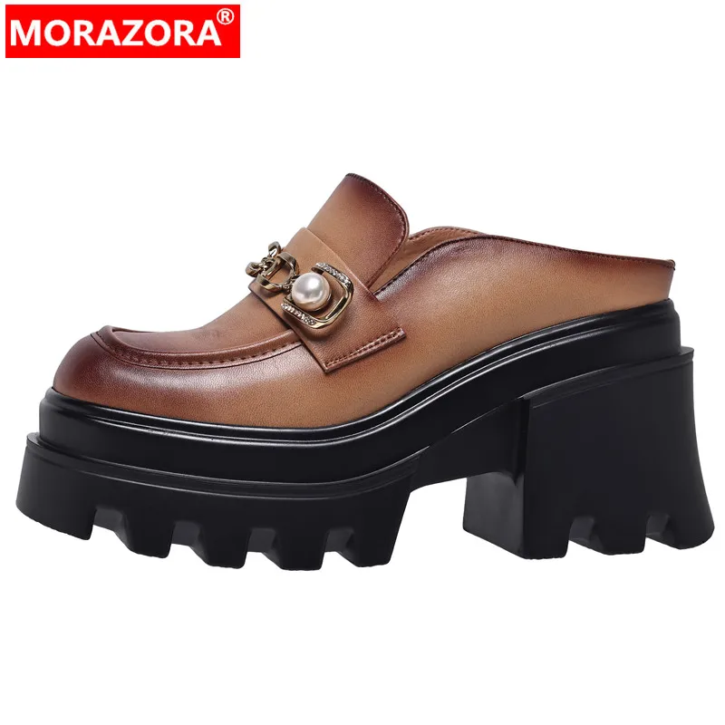 

MORAZORA New String Bead Genuine Leather Woman Slippers 2024 Retro Female Outside Casual Shoes Chunky Heels Platform Slippers