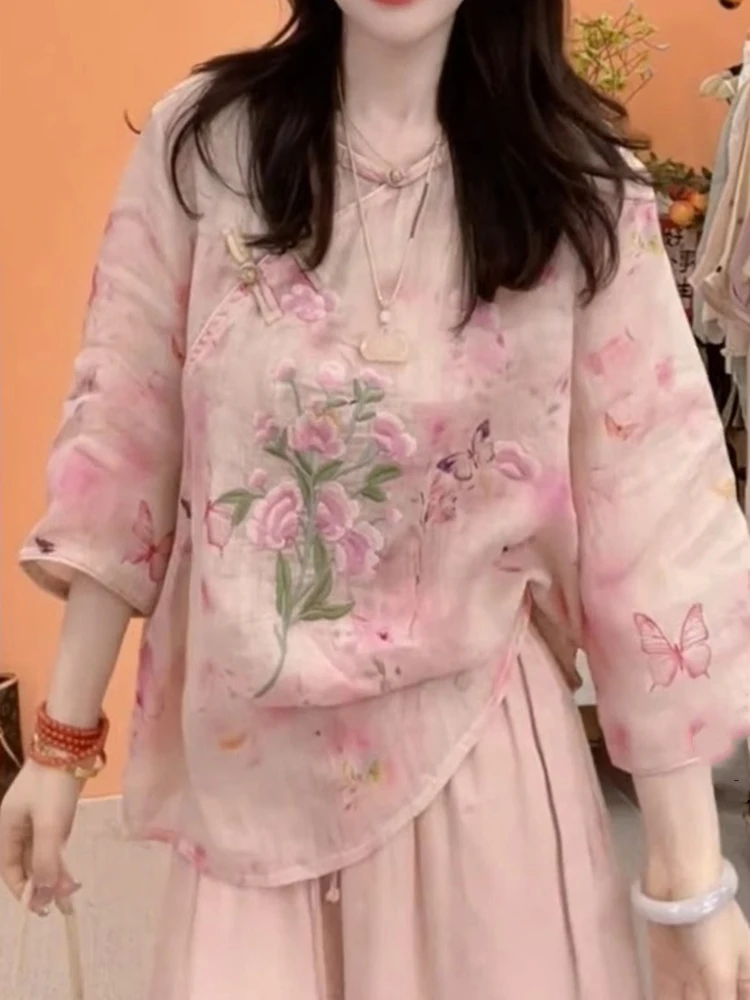 New Chinese Sle Embroidered Cotton Linen Women's irt Summer 2025 Loose Fit Printed Top Zen Tea Costume Fem  Silk