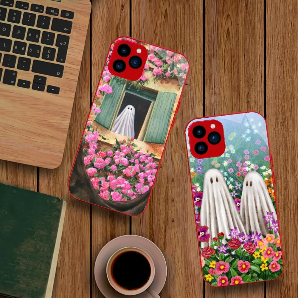 Cute Flower Garden Ghost Cartoon Phone Case For iphone Tempered Glass 14 13 12 11 Pro Mini XS MAX Plus X XR Cover