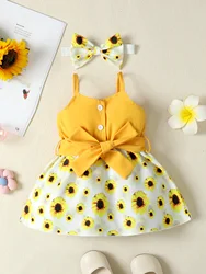 0-2 Year Old Newborn Baby Girl Summer Suspender Bow Headband Belt Sunflower Print Casual Daily Dress Baby Clothes