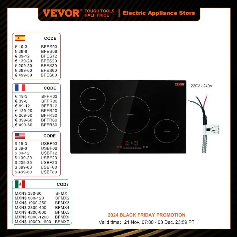 VEVOR 30'' 4 Burners Electric Cooktop Induction Stove Top Built-in Magnetic Cooktop 7500W 9 Heating Level Multifunctional Burner