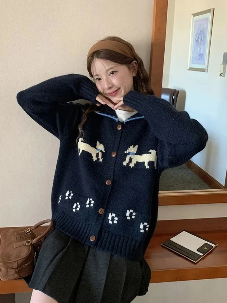 

Cartoon Print Knit Cardigan Women Sweet Jacquard Lazy Wind Kawaii Casual Sweater Autumn Winter Cute Button Vintage Korean Tops