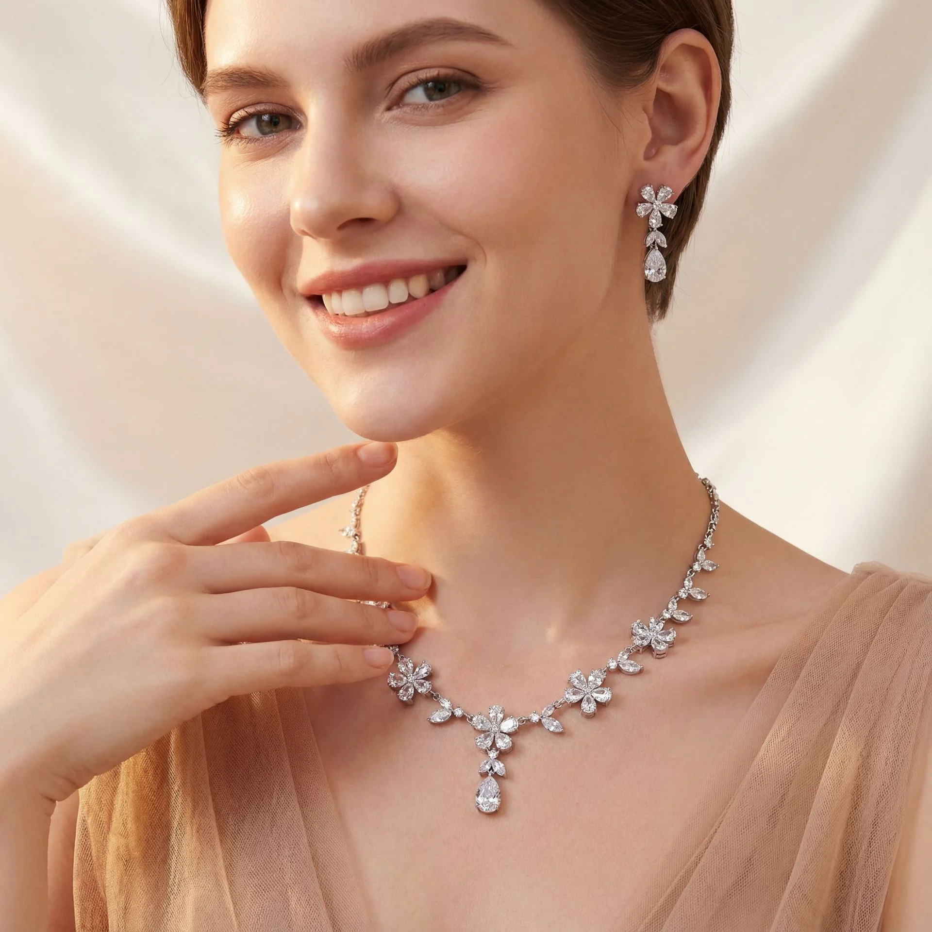 

New European Style Flower Jewelry Set, Water Drop Zircon Necklace & Earrings, Niche Design, Colorfast Ornaments for Banquet