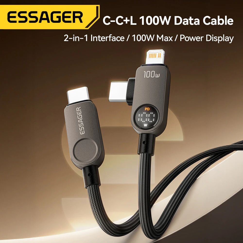 Essager 2-in-1 USB Type C to Lightning Cable 100W PD Fast Charging Wire for iPhone 17/16/15/14 MacBook iPad Xiaomi - Type C to L
