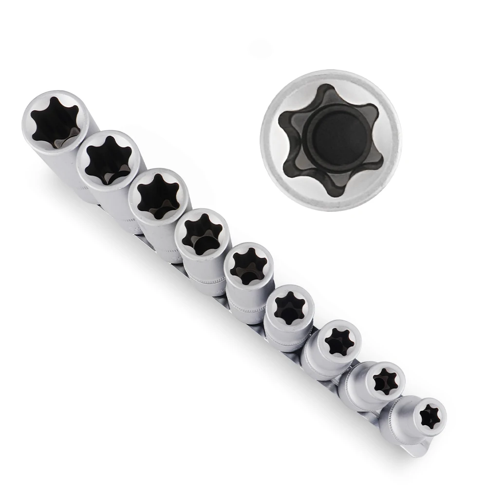 Hoteche 9 قطعة 1/2 "دكتور E نوع مقبس عميق 50Bv30 ، متعدد المواصفات E10-E24 مآخذ إصلاح السيارات لأداة ميكانيكي السيارة