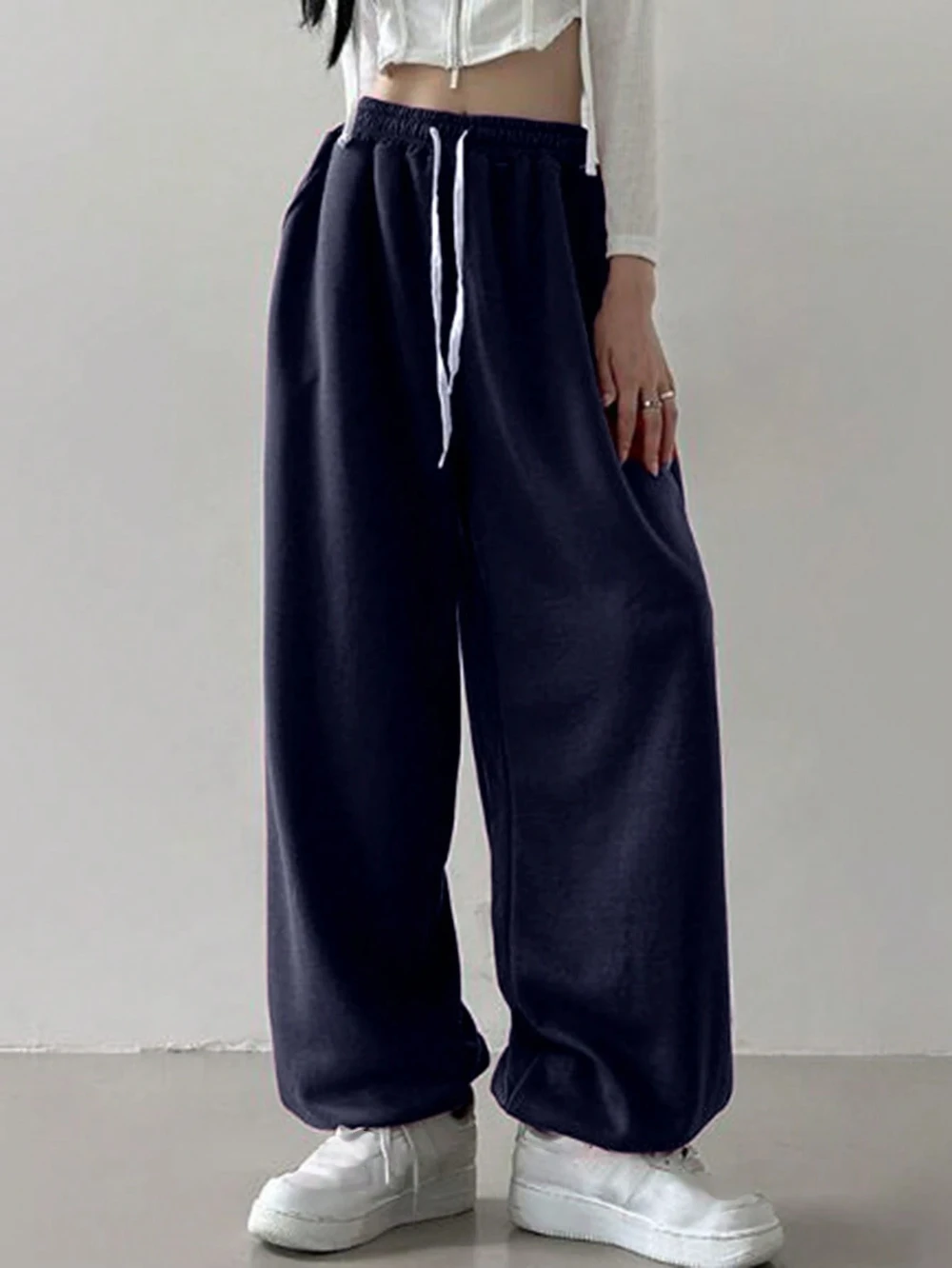 Pantaloni da jogging casual con tasca frontale con coulisse in tinta unita da donna, pantaloni larghi da donna con gamba dritta sportiva da jogging da donna