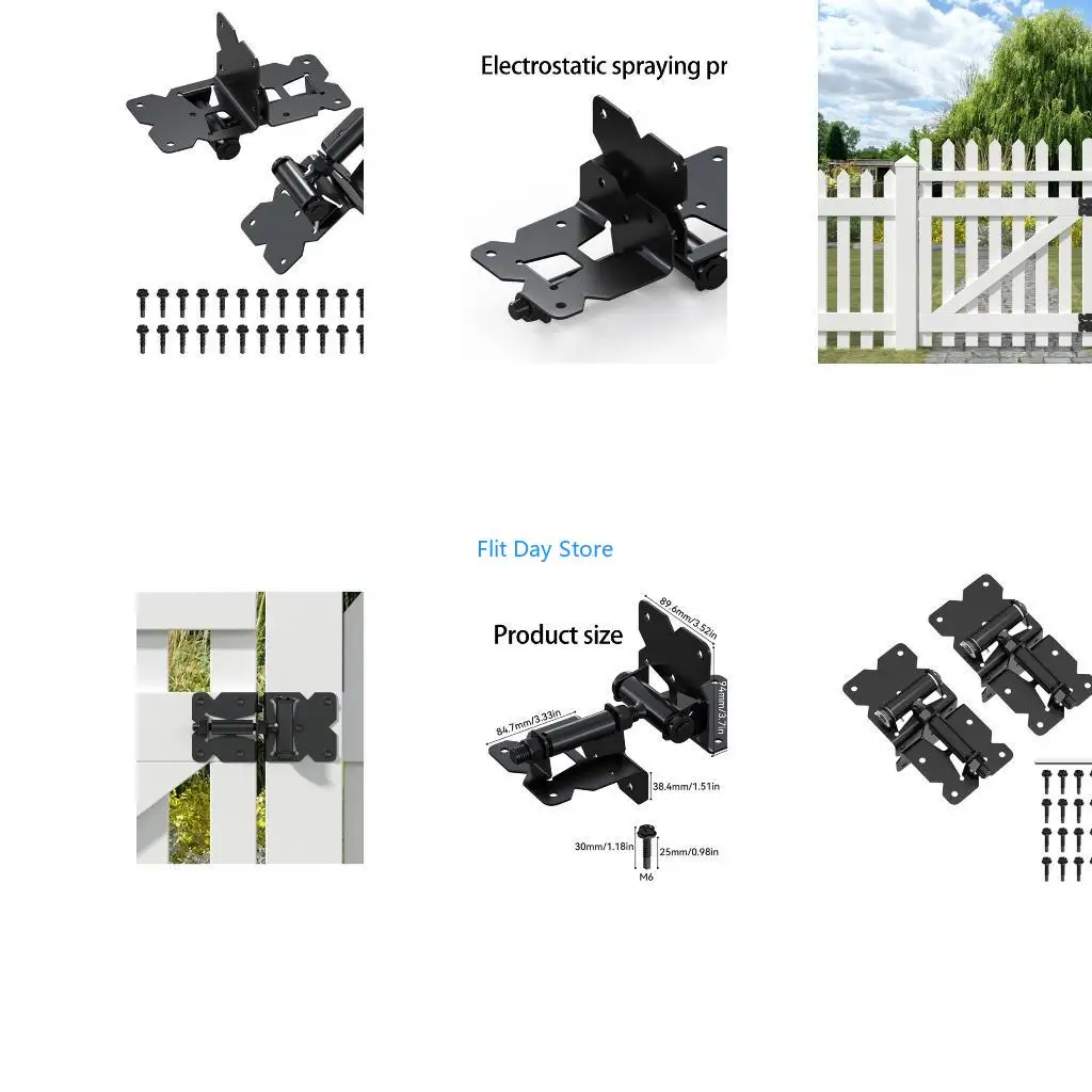 F92C Fence Gate Hardware Set with Adjustable Spring Return, Black Coated Metal Build for Garden Gate Repair and Installation