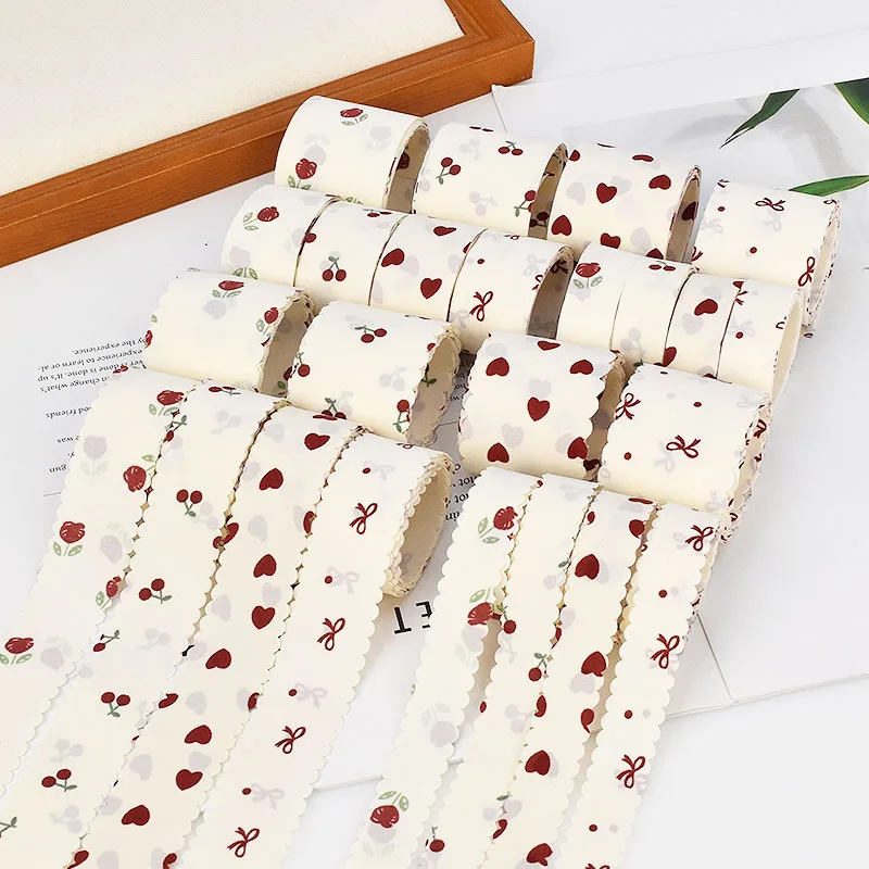 Sweet Style Floral Heart Cherry Pattern Fabric Ribbon, Scalloped Edge Ribbon for DIY Handmade Ornaments Gift Wrap Party Decor