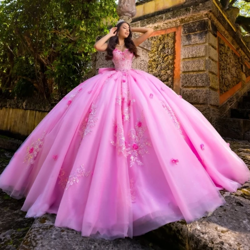 

Pink Shiny Quinceanera Dresses Off The Shoulder Applique Flower Beading Crystal Bow Tull Corset Party Birthday Sweet 16 Dress Ve