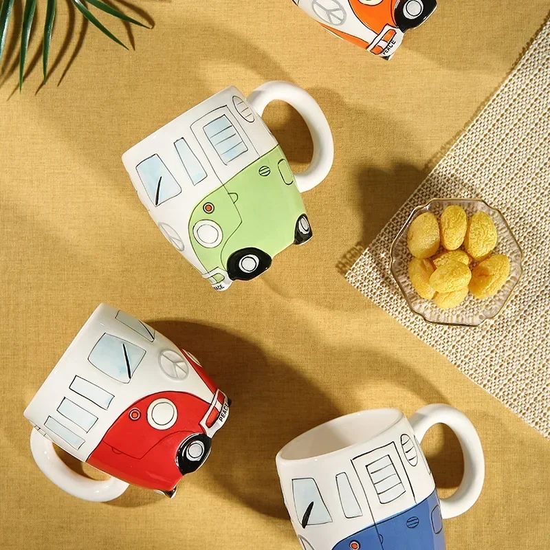 400ml Bus Mug Cute Cartoon Handcrafted Ceramic Bottle with Handle Hand-painted Children's Cup Milk Glass In The Shape of A Car