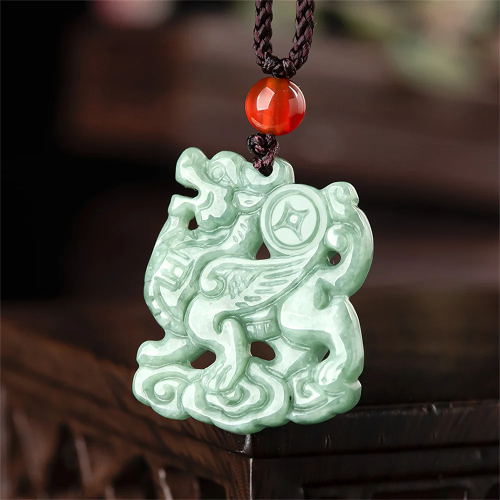 Trendy Natural Green Jadeite Hand Carved Chinese Hollow Kylin Lucky Pendant Amulet Necklace Certificate Retro Jade Gift Jewelry