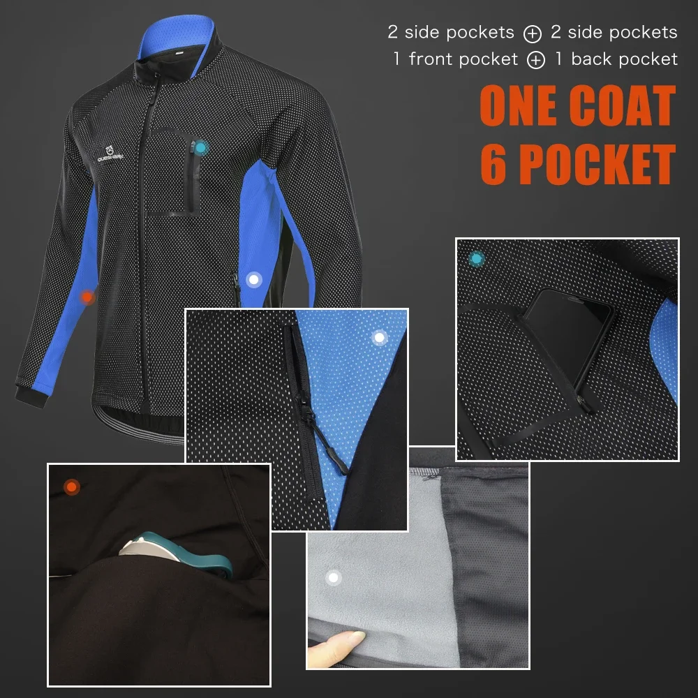 QUESHARK Men Fleece Thermal Winter Long Sleeve Cycling Jacket Windproof Waterproof MTB Road Bike Windbreaker Bicycle Jersey