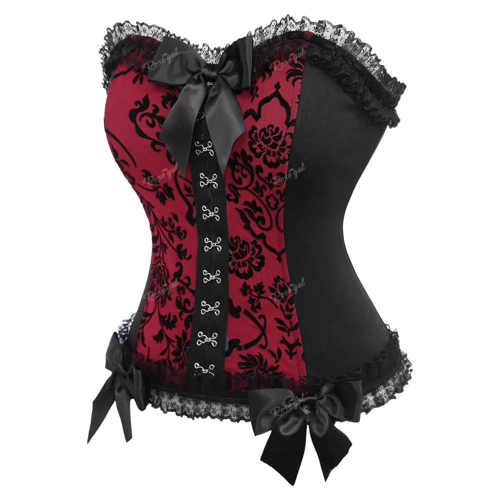 

﻿ROSEGAL Plus Size Gothic Corset Women Floral Flocking Ruffles Lace Trim Hook And Eye Back Lace-up Patchwork Bodysuits Corsets