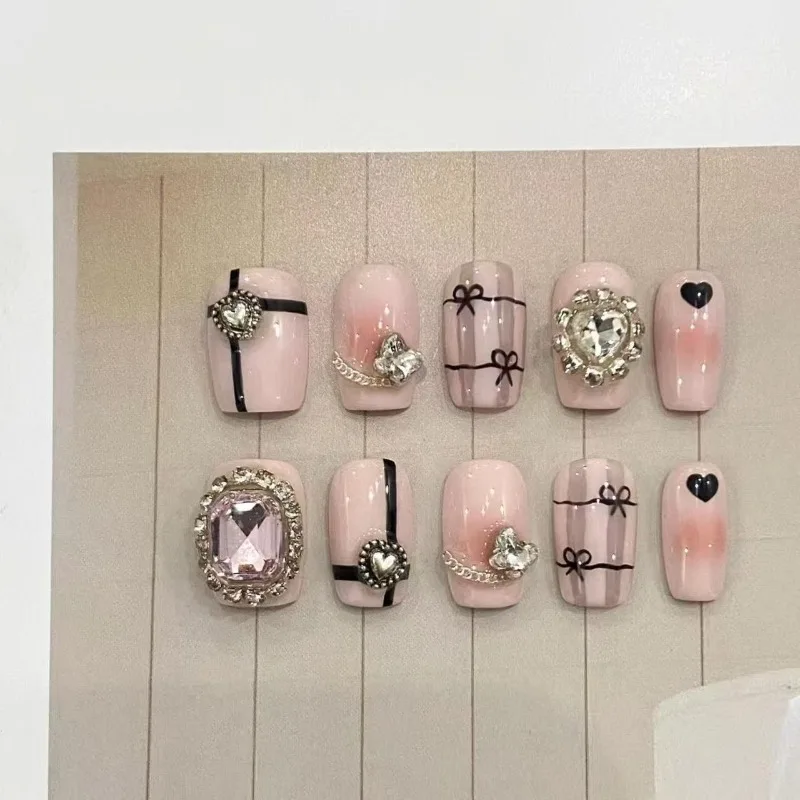 

10pcs Fake Nails Ballet Princess Rhinestone Bow Design for A Radiant Complexion Press-on Nail Tips Perfect As Gifts for Girls