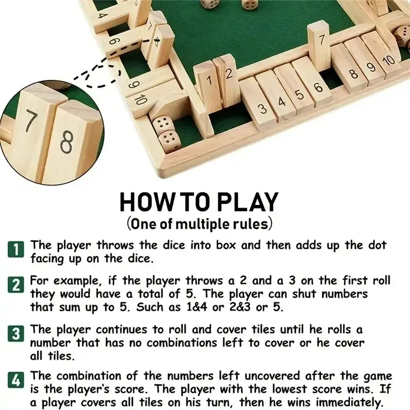 Deluxe Four Sided 10 Numbers Shut The Box Board Game Set Dice Party Club Drinking Games for Adults Families images - 6