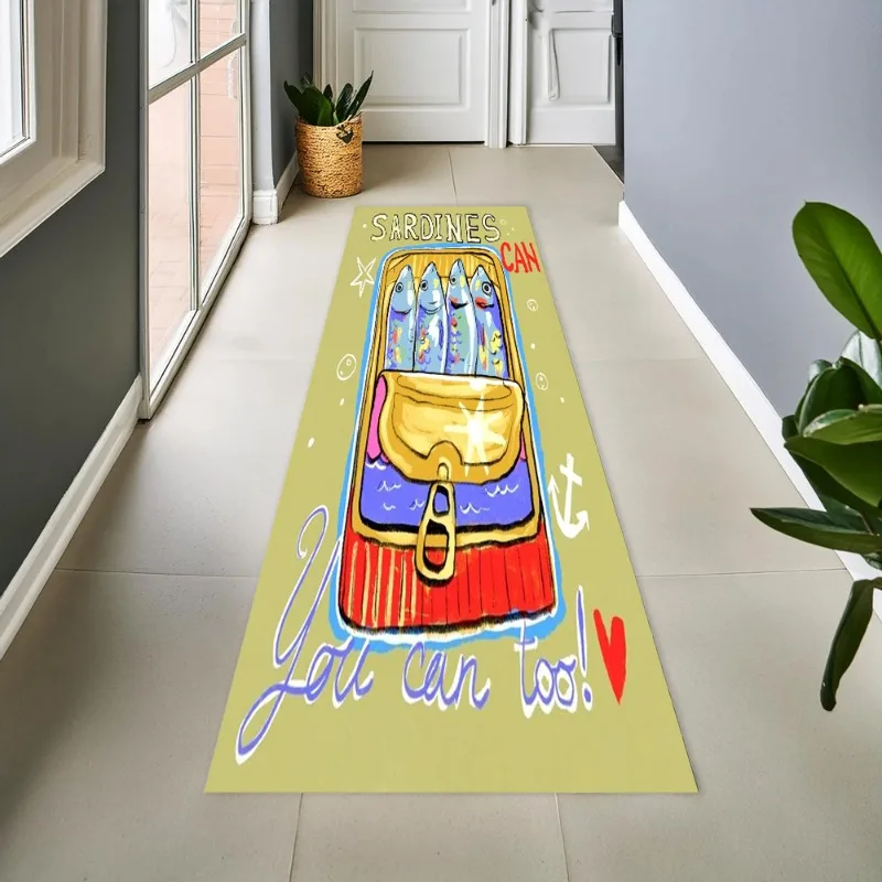 Retro Canned Sardine Long Runner Rug Non Slip Flannel Hallway Floor Mat Artistic Ocean Print For Kitchen Corridor Entryway Decor