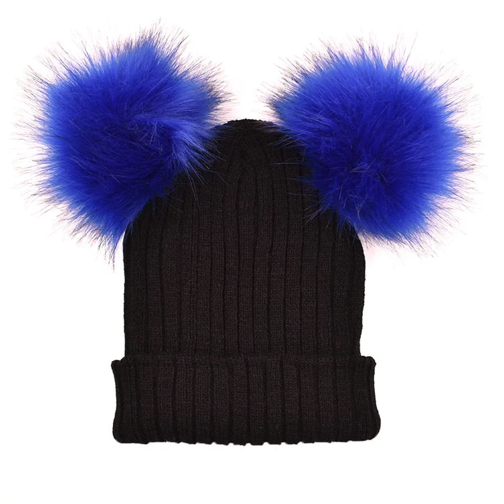 Fur Ball Cap 2 Pom Poms Winter Hat for Women Girl \'s Wool Hat Knitted Cotton Beanies Cap Brand New Thick Female Cap