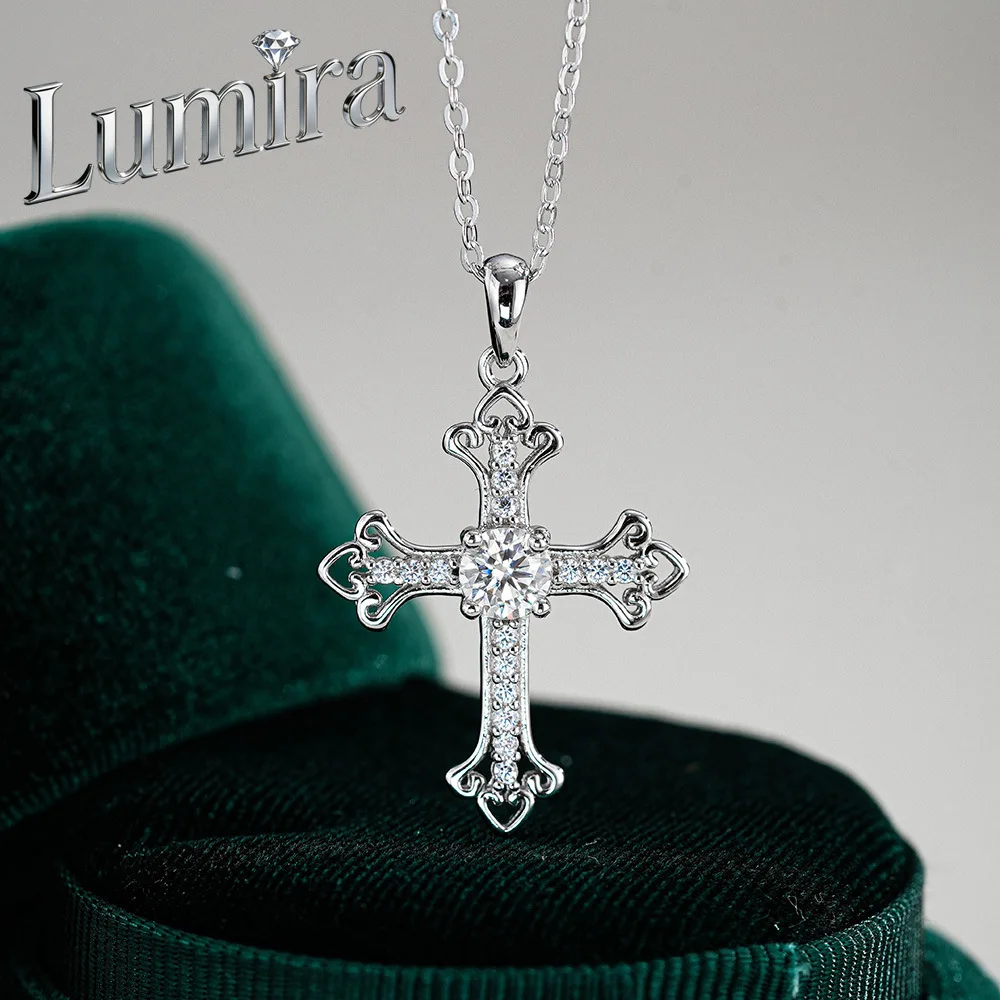 Lumira Platinum PT950 0.5 Carat Moissanite Necklace for Women Fashionable Oversized Cross Geometric Pendant Choker Necklace