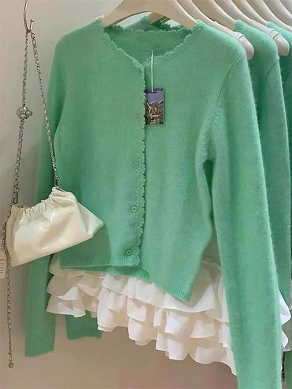 Women's Korea Casual Green O-Neck Knit Cardigan 2026 Fashion Spring Sweet Girl Elegant Knitwear Top Female Knit Cardigan Sweater
