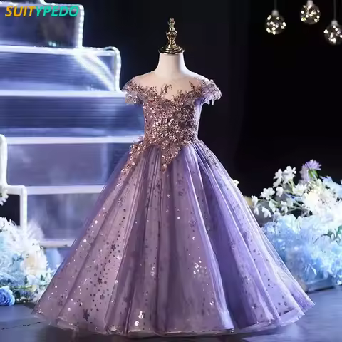 Shiny Princess Dress For Girls Fashion Appliques Performance Clothing New Elegant Wedding Birthday Party Formal Evening Dresses