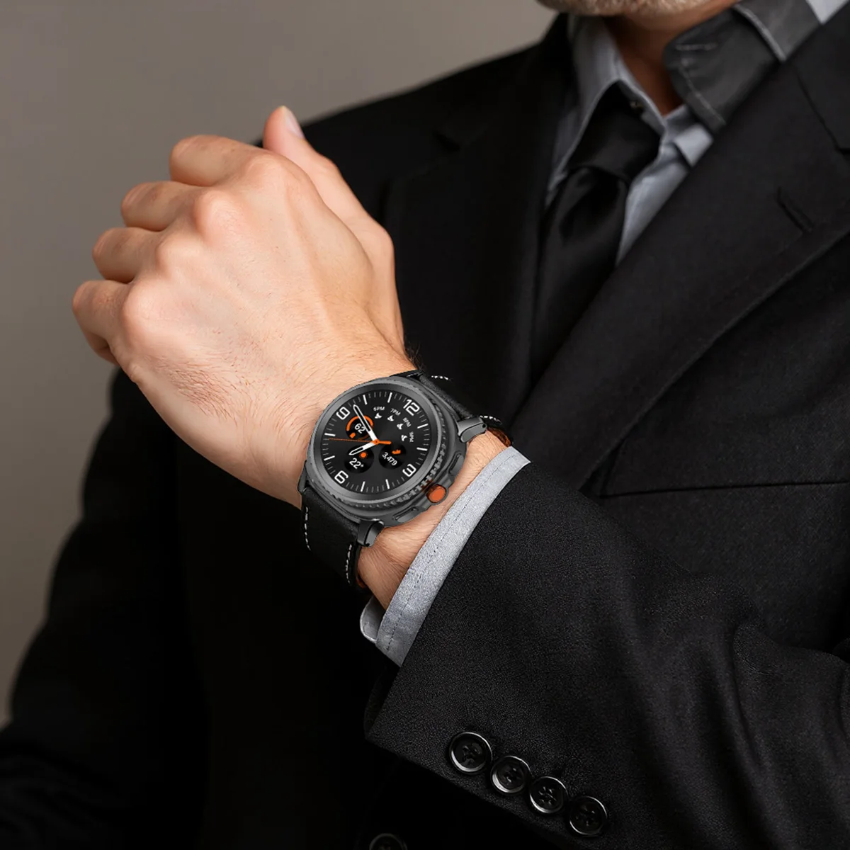 حزام جلدي لساعة سامسونج جالاكسي 8 حزام كلاسيكي 46 ملم سوار بإبزيم من الفولاذ المقاوم للصدأ لساعة سامسونج جالاكسي 8 40/44 ملم