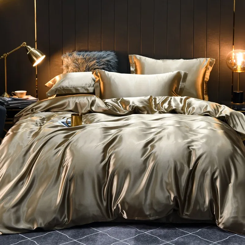 Imagem -02 - Luxo Conjunto de Cama de Seda Amoreira Folha de Seda Conjunto de Capa de Edredão Fronha High-end Têxteis para Casa Cor Sólida Conjuntos de Capa de Cama