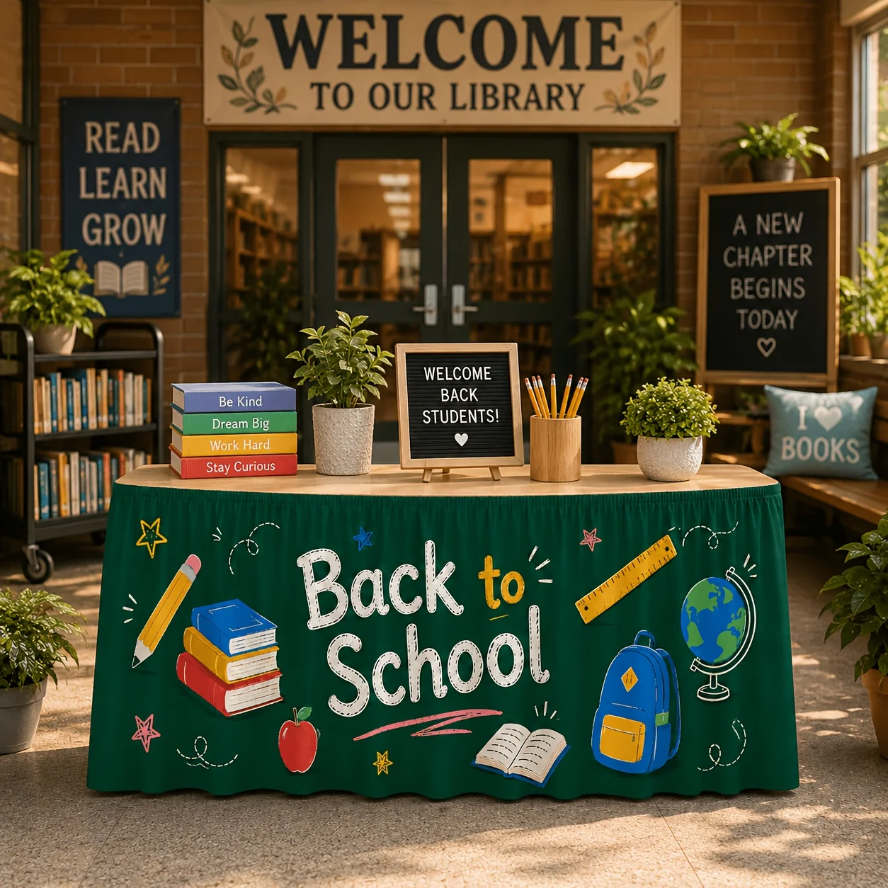 1-Piece table skirt, back-to-school chalkboard table skirt, pencil, book backpack, apple globe print
