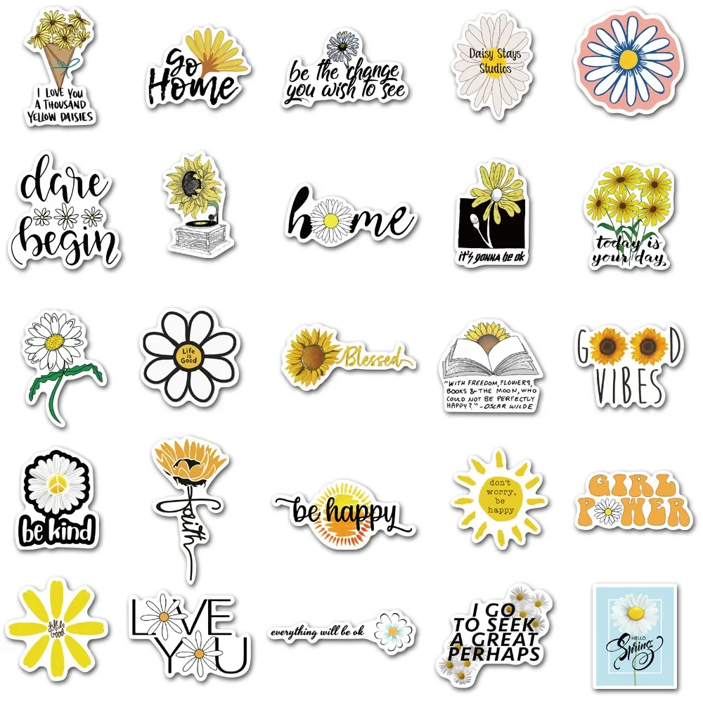 10/30/50Pcs Daisy Flower Waterproof Graffiti Sticker Aesthetic Decorative Luggage Laptop Cup Phone Diary Scrapbook Kids Stickers