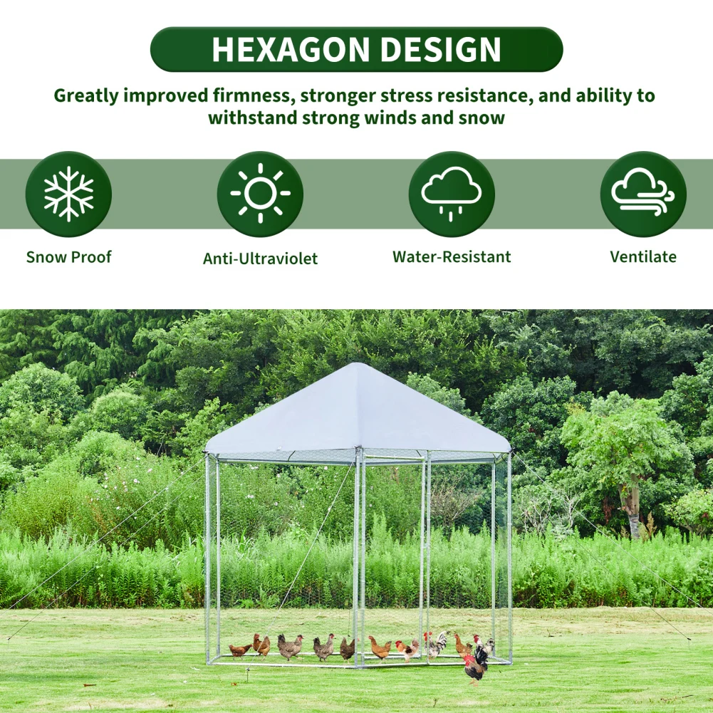 9.2x8.1FT Large Metal Hexagonal Chicken Coop Poultry Cage With Steel Frame Waterproof Anti-UV Oxford Tarp For Outdoor Backyard