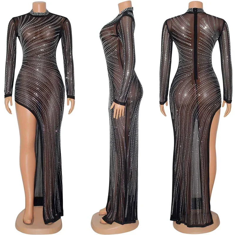 فستان حفلات مثير بحجر الراين الكريستالي اللامع للنساء فستان ماكسي ضيق بفتحة عالية للنوادي الليلية وأعياد الميلاد شبكي شفاف غير منتظم #5