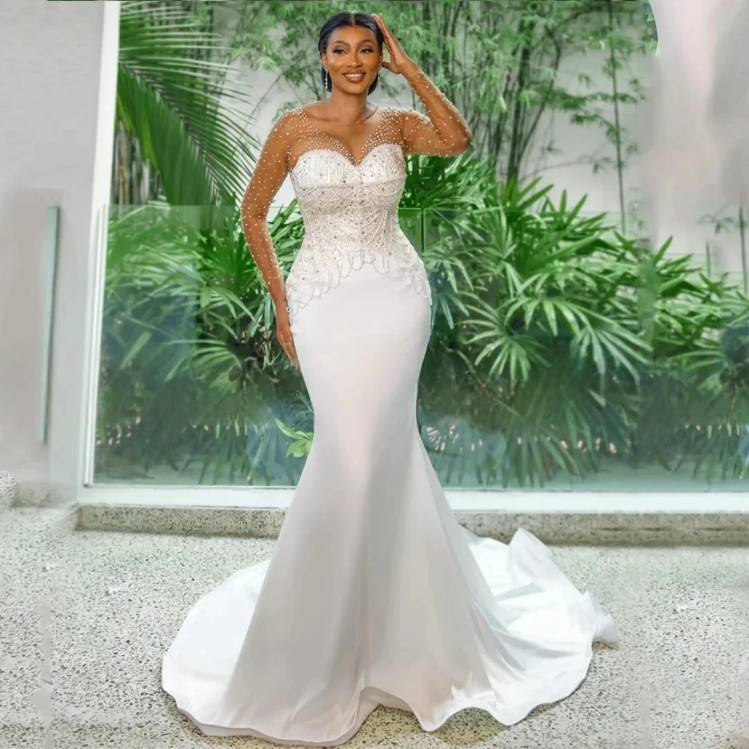 Neues Kirchen-Memaid-Hochzeitskleid 2026, transparenter Hals, Perlen, Pailletten, lange Illusionsärmel, Braut-Brautkleider, afrikanische Vestidos De Noiva