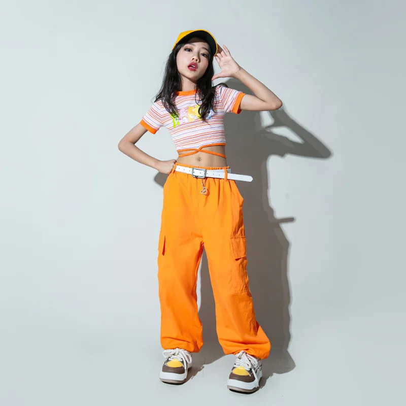 Haut court à lacets à rayures pour enfants, vêtements hip hop, t-shirt orange, pantalon cargo de jogging de rue, costume de danse jazz pour filles, vêtements mignons