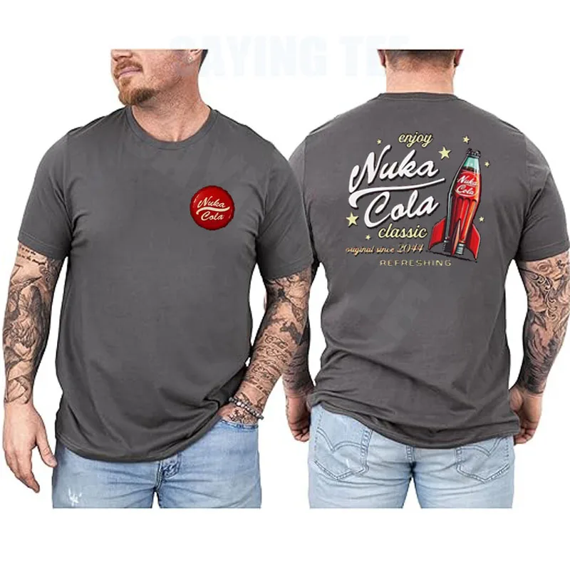 Nuka Cola Unisex-T-Shirt aus weicher Baumwolle, Videospiel-Zap-That-Thirst-Vintage-T-Shirt, roter Text, Nuka Cola-Kreis-Grafik, Persönlichkeits-Outfit – Detail 10
