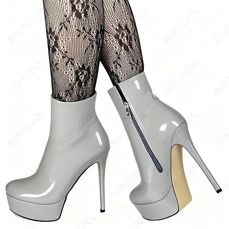 

Ronticool/женские ботильоны на платформе, глянцевая обувь на высоком каблуке-шпильке с круглым носком, вечерние туфли, большие размеры 46