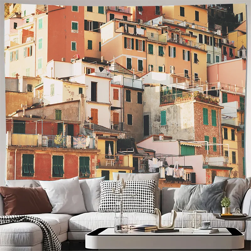 Colorful Mediterranean Coastal Village Houses Wall Tapestry Machine Washable All Season Decor Print Home Elevate Your Space