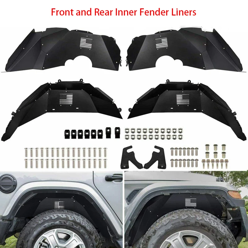 

Front & Rear Inner Fender Liners Fit for 2018-2020 Jeep Wrangler JL JLU Black Aluminum Lightweight Design Splash Guards US Logo