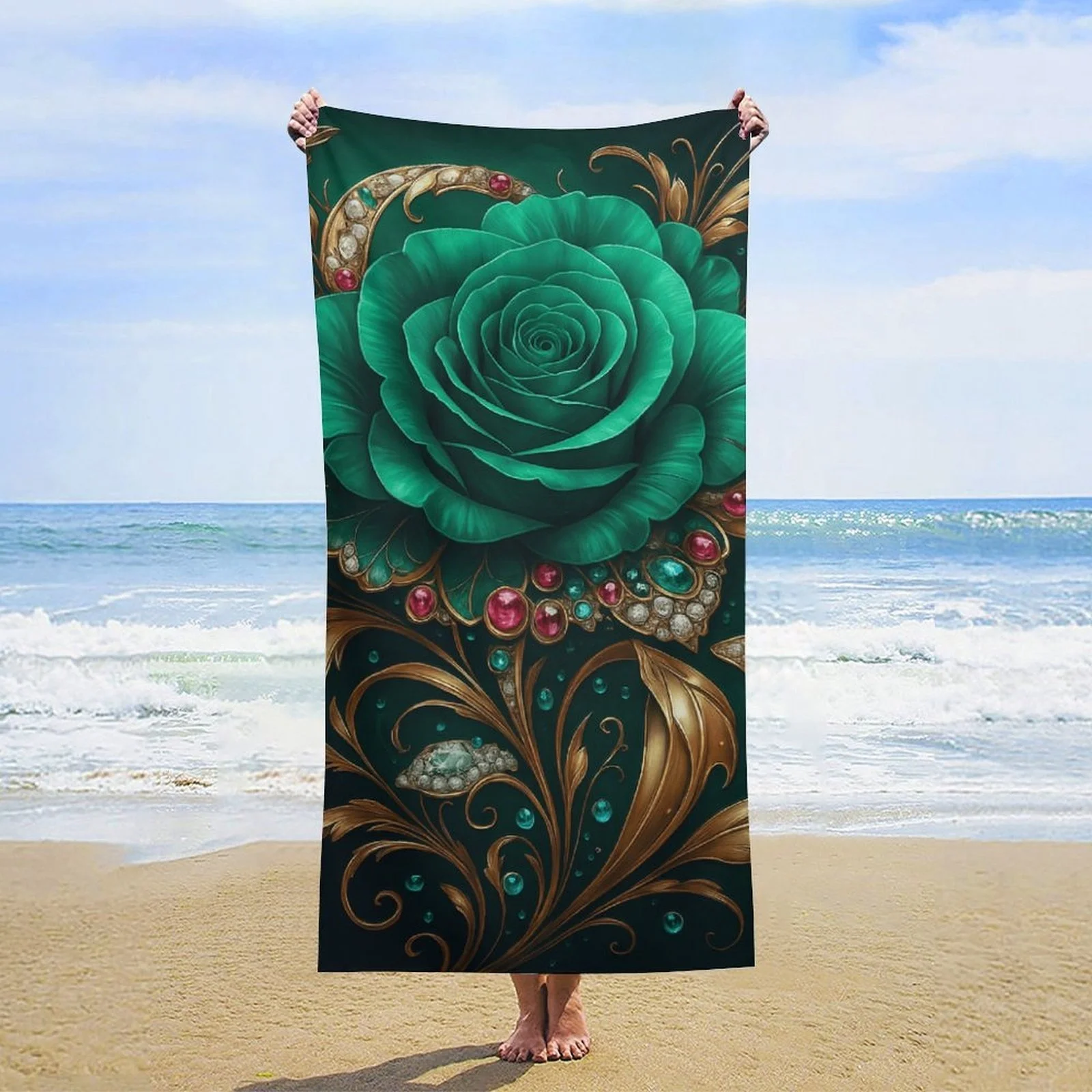 erald Green Rose Beach Towel, Gold Baroque & Jewel Print, Luxury Art Design, Quick Dry Microfiber, Sand Free, Summer