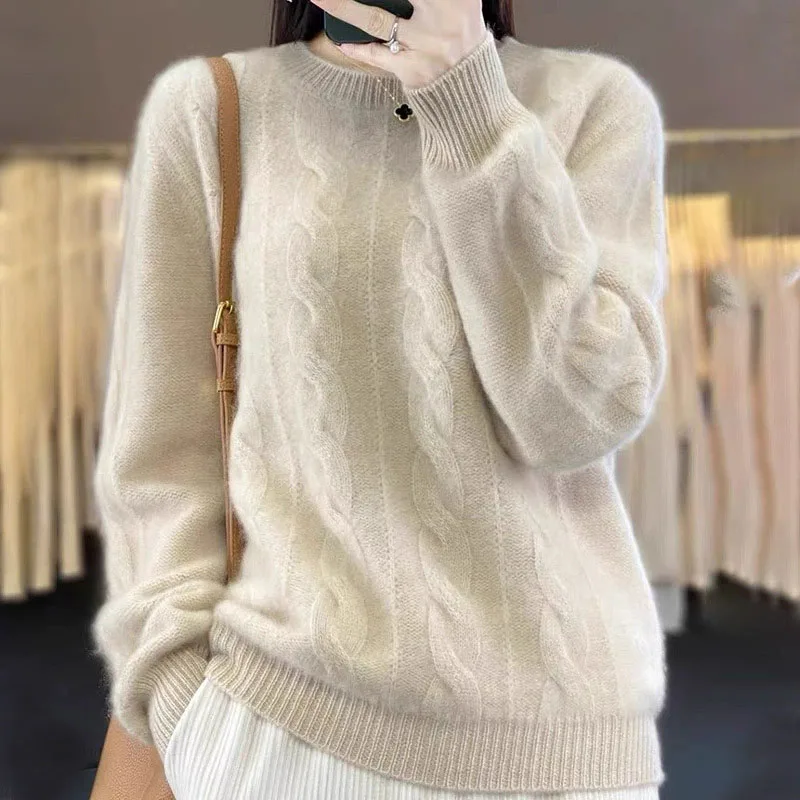 

Women Round Collar Cashmere Pullovers Fall Winter Thicken Warm Comfortable Soft Knitted Sweater Fashion Twist Pattern Jumpers