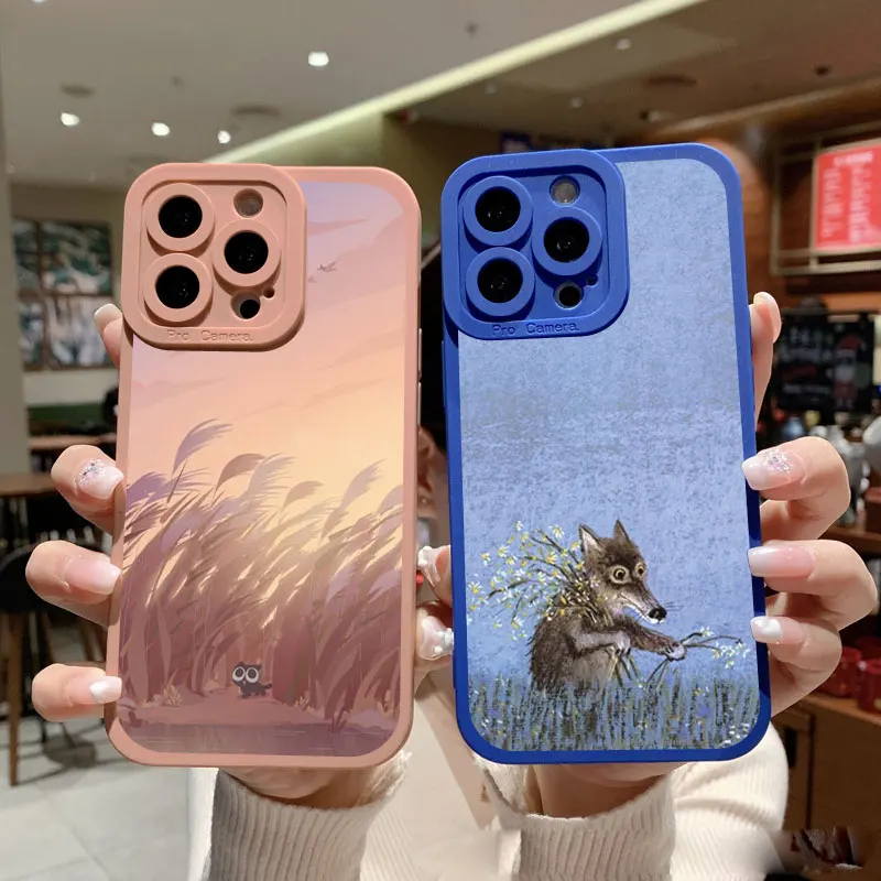 Cartoon Animal Cat Scenery Phone Case For iphone 11 12 14 13 Pro Max 7 8 14 Plus SE2020 X XR XS Autumn Night Soft Silicone Cover
