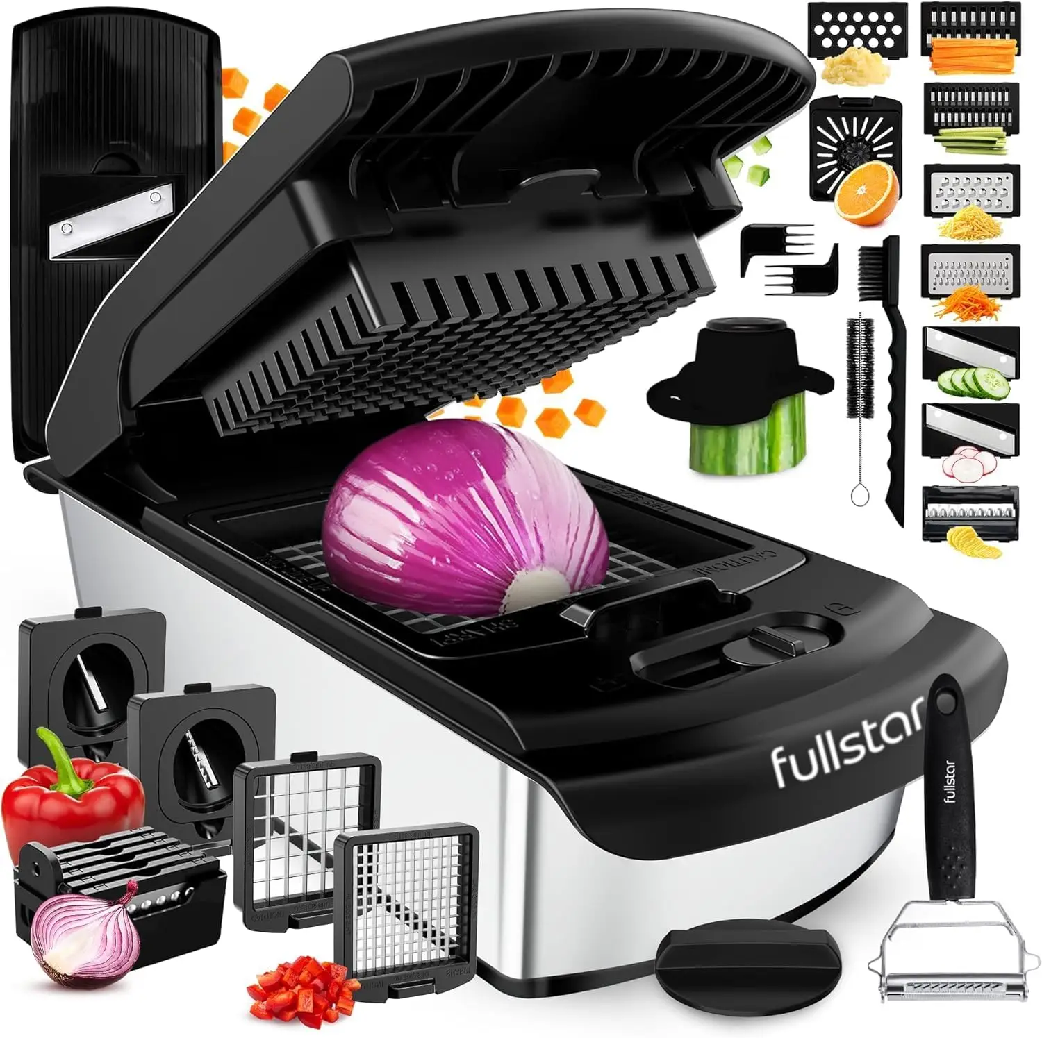 

14-in-1 Vegetable Chopper and Spiralizer with Container, Silver - Easy Meal Prep Kitchen Gadget